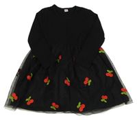 Čierne rebrované šaty s tylovou sukní s třešněmi