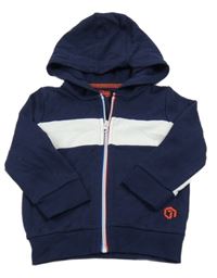 Tmavomodrá žebrovaná propínací mikina s bílým pruhem a kapucí F&F