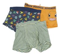3x boxerky - oranžové s Pokémonem + smetanovo-zelené pruhované + tmavomodré s Pokémony H&M