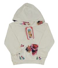 Nové - biela ľahká mikina s kvetovanou vreckom a kapucňou