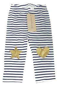 Nové - bílo-tmavomodré pruhované legíny s potiskem 