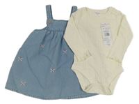 Nové - 2 set - smotanové rebrované body + modré na traké rifľové šaty s výšivkami F&F