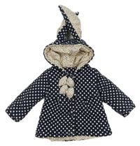 Tmavomodrý puntíkatý plátěný zateplený kabátek s kapucí a oušky 