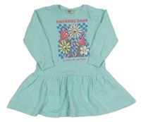 Světlemodré teplákové šaty s houbami a nápisy 