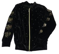 Černá sametová propínací mikina s kamínky a nápisy 