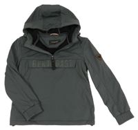 Antracitová softshellová bunda s nápisem a kapucí 