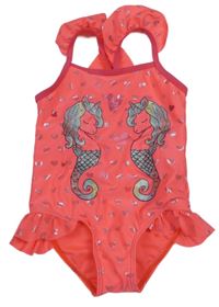 Neonově růžové jednodílné plavky se srdíčky a mořskými koníky a volánky 