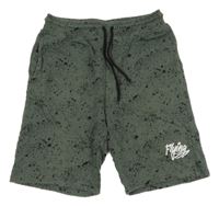 Kaki-čierne teplákové kraťasy s fleky a nápisom H&M