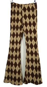 Dámske hnedo-béžové kárované pletené zvonové nohavice Shein