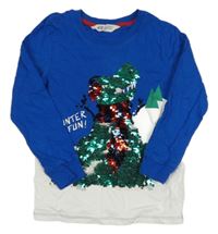 Modro-bílé triko s dinosaurem z flitrů H&M