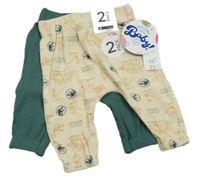 Nové - 2x lehké tepláky béžové s dinosaury+ tmavozelené Pep&Co