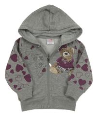 Šedá propínací mikina se srdíčky, medvídkem a kapucí 