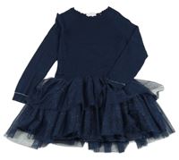 Tmavomodré pleteno/tylové šaty Lulurain