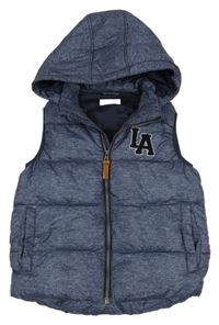 Tmavomodrá melírovaná šusťáková zateplená vesta s písmeny a kapucí H&M