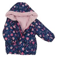 Tmavomodrá květovaná šusťáková zateplená parka s kapucí Ergee