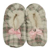 Bielo-sivo-ružové kockované plyšové zateplené papučky s mašľami