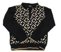 Čierno-béžovo-biely vzorovaný sveter s golierikom