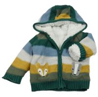 Barevný pruhovaný propínací zateplený svetr se zvířátky a kapucí Nutmeg