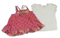 2Set - Tmavorůžovo/oranžová puntíkatá plátěná letní tunika s květy a volánky + bílé tričko Matalan