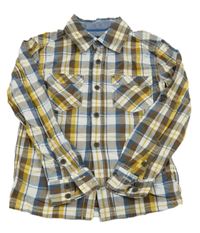 Tmavohnědo-/tmavomodro-bílo-okrová kostkovaná košile s číslem WE