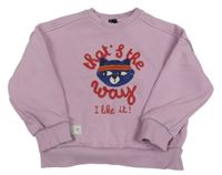 Lila tepláková oversize mikina s mačičkou a nápismi KIABI