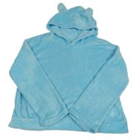 Azurová oversize crop plyšová mikina s kapucňou s uškami