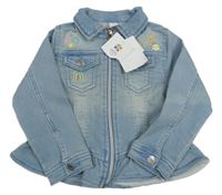 Nové - svetlomodrá tepláková rifľová bunda so slniečkom a motýlikmi a dúhou a golierikom Topomini