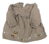 Svetlohnedé menšestrové šaty so sobom a vtáčky a volánikmi Matalan