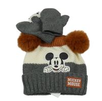 Nové - 2Set - Šedo-bílo-hnědá úpletová čepice s Mickey a bambulemi + palcové rukavice PRIMARK