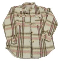 Smetanovo-hnědo-béžovo-růžová kostkovaná vlněná podšitá košilová bunda St. Bernard