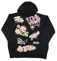 Černá mikina s nápisy a květem a srdíčky a skvrnkami a kapucí PRIMARK