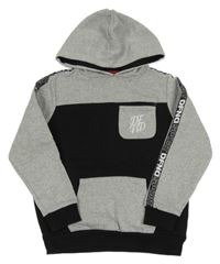 Čierno-šedá/melírovaná mikina s logom a vreckom a pruhom a kapucňou DFND