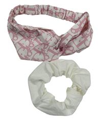 2set - Bielo-staroružová čelenka s nápisy Dior + bílá gumička do vlasů
