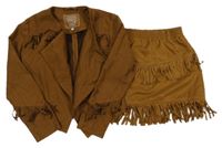 2set - Hnědá semišová crop bunda s třásněmi + sukně