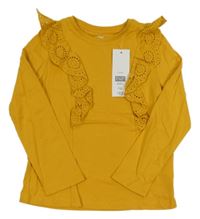 Nové - Okrové triko s volánky s madeirou F&F