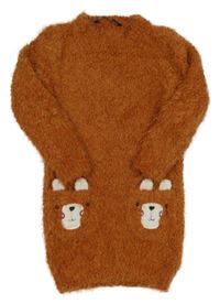 Hnedé trblietavé chlpaté svetrové šaty s vreckami s medveďmi George