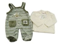 Nové - 2set - Khaki-bílé pruhované sametové dupačky se psem + krémové sametové triko Berti