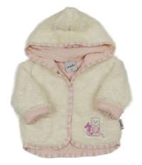 Smetanová chlupatá podšitá propínací mikina s kočkou a kapucí