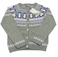 Nové - Šedý melírovaný propínací svetr se vzorem a tučňáky Tu