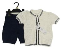 Nové - 2set - Smetanové perforované pletené propínací tričko + tmavomodré pletené kraťasy F&F