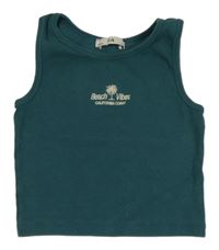 Tmavozelený žebrovaný crop top s palmou a nápisem C&A