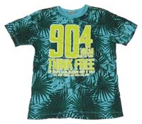 Modro-zelené tričko s listami a číslom Yigga