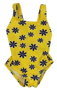 Žluto-tmavomodré květované jednodílné plavky 