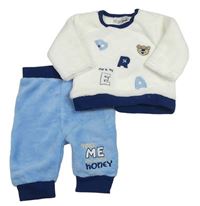 2 set - Bílá plyšová mikina s písmenky + modré plyšové tepláky Ergee