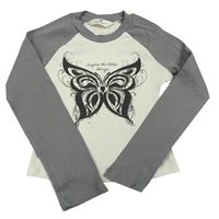 Bielo-sivé rebrované crop tričko s motýlkom zn. H&M