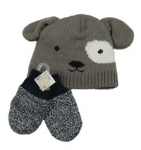 Nové - 2 set - Tmavohnědá pletená podšitá čepice s pejskem + tmavomodré melírované pletené rukavice 