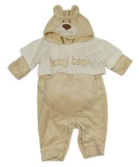 Kockovaným - Béžovo-biela plyšová kombinéza s kapucí - medvěď