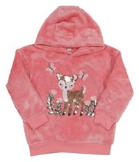 Růžová plyšová mikina s kolouškem z flitrů a kapucí