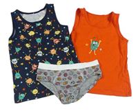 3set - Tmavomodrý nátělník příšerkami + červený nátělník s příšerkami + sivé slipy s loptami