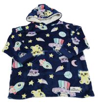 Tmavomodrá plyšová oversize mikina s vesmírem a kočičkami a kapucí Primark